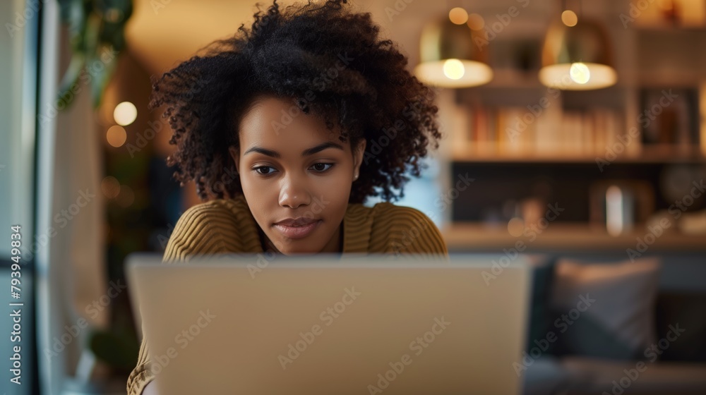 Serious woman focused on laptop at home with a slight smirk Serious woman focused on laptop at home with a slight smirk