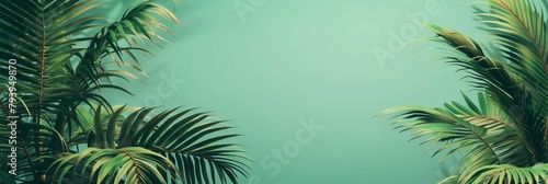 Image of fresh tropical palm leaves bordering a serene teal background, perfect for themes of relaxation and nature
