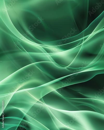 Abstract green background with soft waves and swirls, creating an elegant and fluid design The light effects give the impression of flowing fabric or smoke, adding depth to the composition This patter