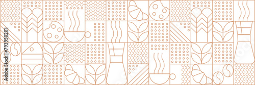 Hand drawn illustration of Bakery and Coffee. Icons. Abstract geometric line background. Gold luxury. Pattern for cover design, food package, menu, background, café wall, coffee shop, web banner
