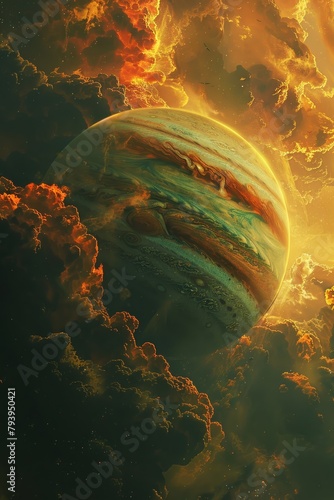 A gas giant planet captured in a unique perspective showing vibrant cloud patterns