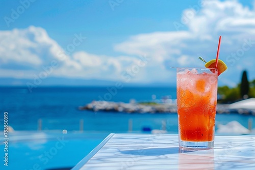 Refreshing cocktail on a table with a blurry pool and sea background under a clear sky.