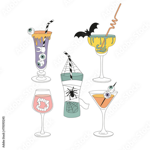 Retro groovy spooky Halloween party cocktails decorated with eyes bat worms spider vampire teeth vector illustration set isolated on white. Hand drawn style creepy alcohol drinks print poster postcard