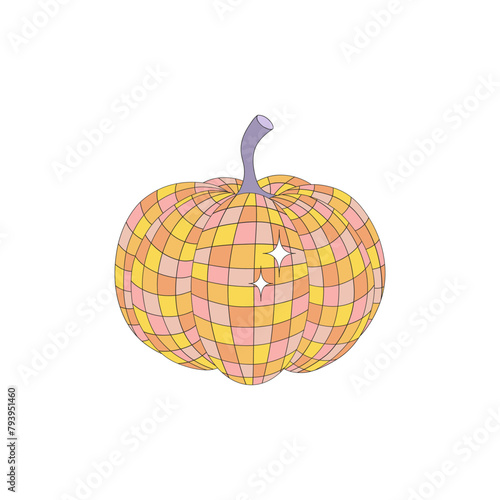 Retro groovy disco ball in the form of Halloween pumpkin vector illustration isolated on white. Hand drawn linear style gourd mirror ball print poster postcard design. October 31st Halloween holiday