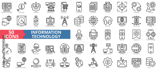 Information technology icon collection set. Containing e-government, e-commerce, e-learning, spreadsheet, e-survey, capture, processing icon. Simple line vector. photo