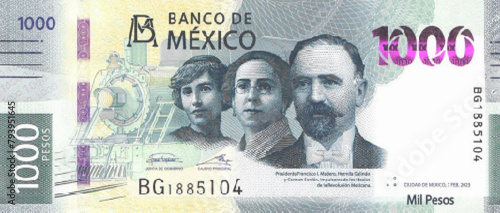 Vector obverse high polygonal pixel mosaic banknote of Mexico. Front side. Denominations of bill 1000 pesos. Game money of flyer. photo