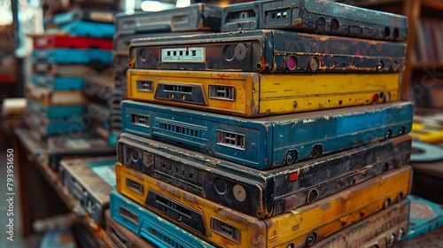 Pile of old retro cassette tapes for a music collection in the style of retro