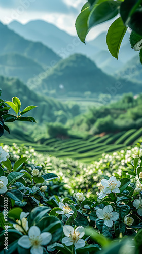 White jasmine flowers blooming in the morning on tea plantation