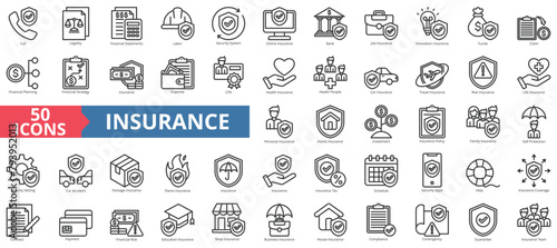 Insurance icon collection set. Containing call, legality, financial statements, labor, security system, online, bank icon. Simple line vector.