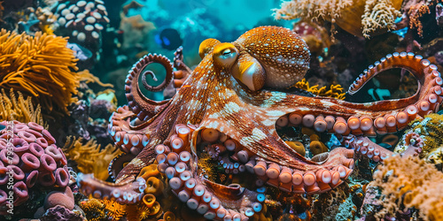 A large octopus is resting on a coral reef