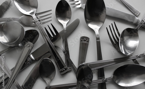 Chaotically Scattered Items From Cutlery Set On White Surface Stock Photo For Table Setting Backgrounds  
