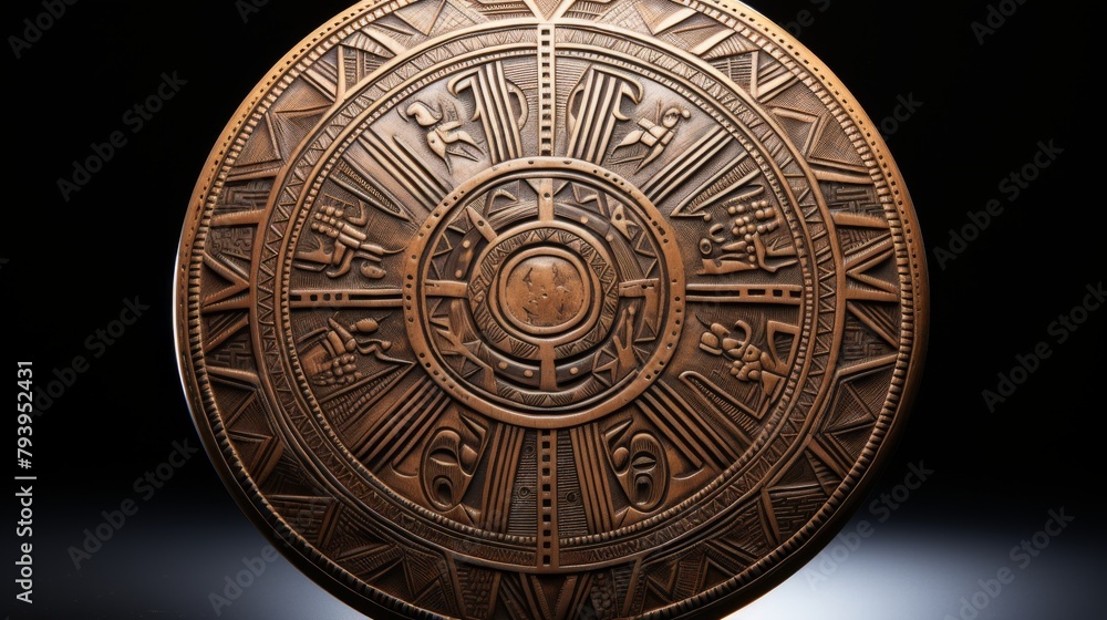 A bronze plate adorned with a mesmerizing circular design, radiating intricate patterns and symbolism