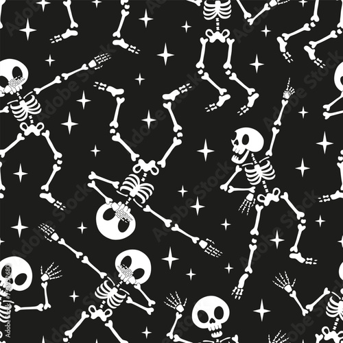 Retro cartoon spooky skeleton dancing on Halloween party vector seamless pattern. Hand drawn linear style groovy human bone frame background. October 31st holiday trick or treat event themed graphics