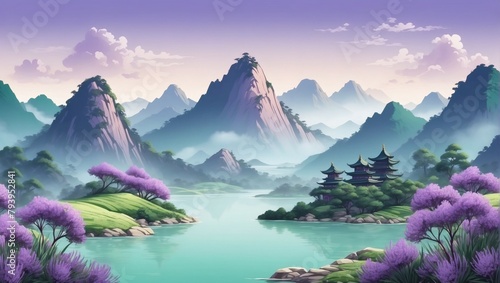 Soothing Mountain Landscape in Lavender and Mint, Chinese Style Illustration