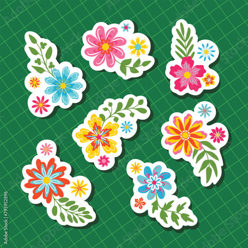 Floral stickers in bright retro colors on grid