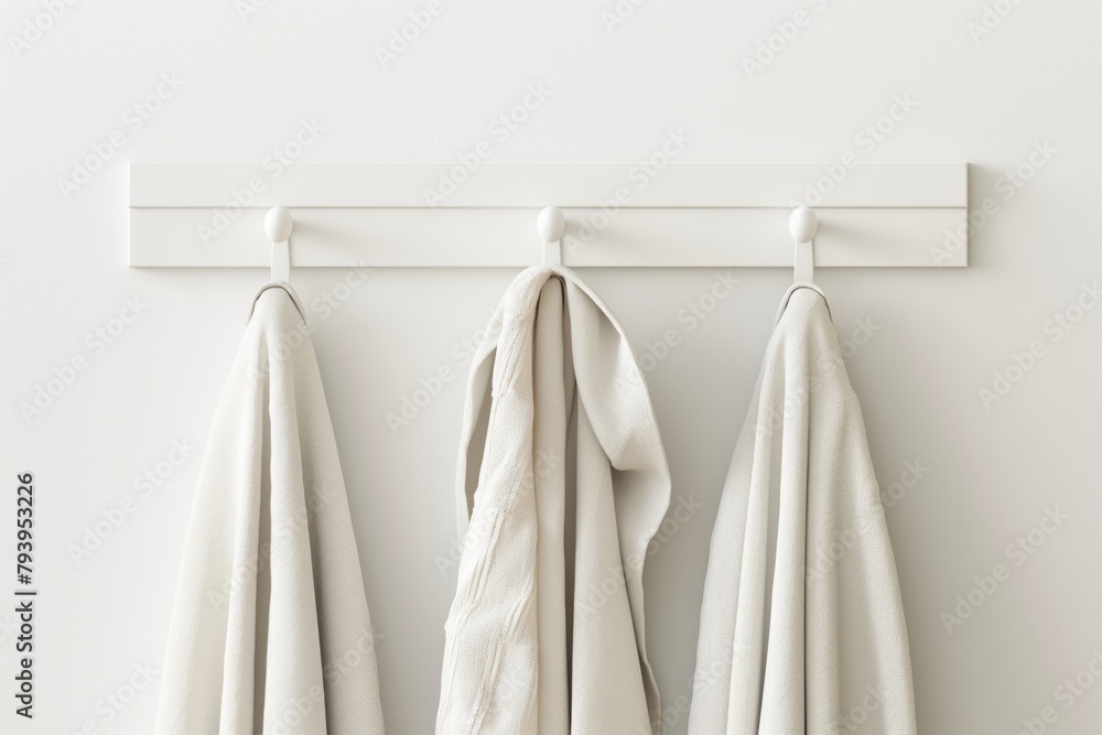 Fototapeta premium Contemporary white coat rack with minimalist design hooks and neutral-colored coats against a clean background