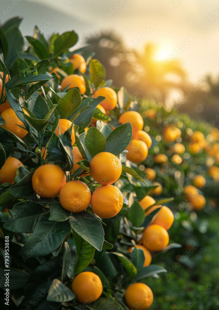Landscape photo of orange plantation during summer sunset. Heathy fresh fruit. Vitamin. Orange grove harvest.
