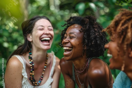 Three joyful women laughing and smiling in the lush forest surrounded by trees and plants, diverse with AfroAmerican women