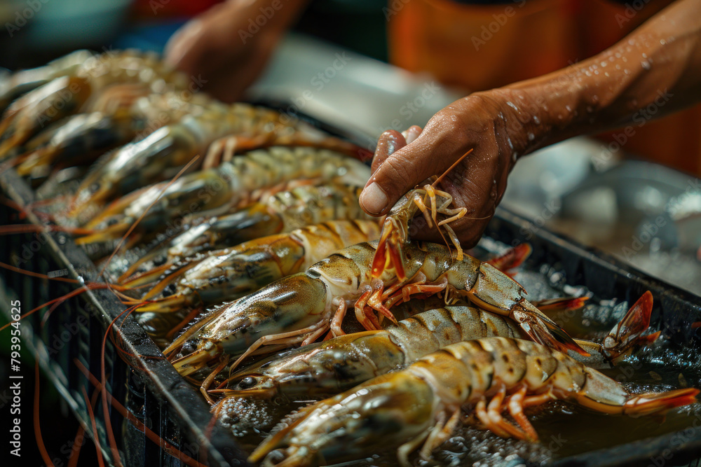 A hand grabbing a tiger shrimp from a pile on the table, food culinary A hand grabbing a tiger shrimp from a pile on the table, food culinary