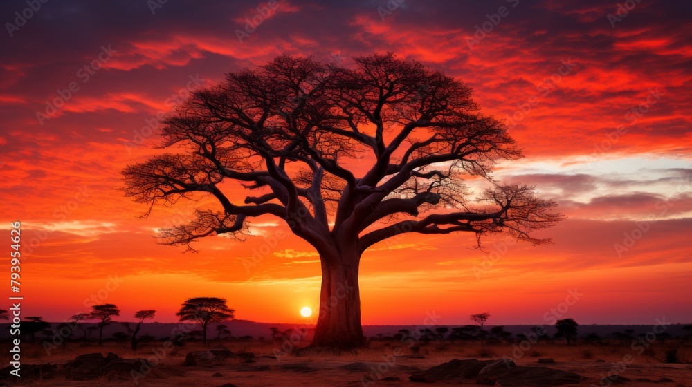 A lone tree stands in a vast field as the sun sets in the background, casting a warm glow over the serene landscape