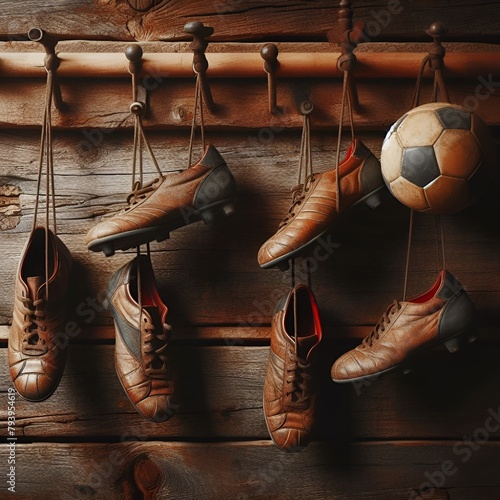 scarpe da calcio appese al muro photo