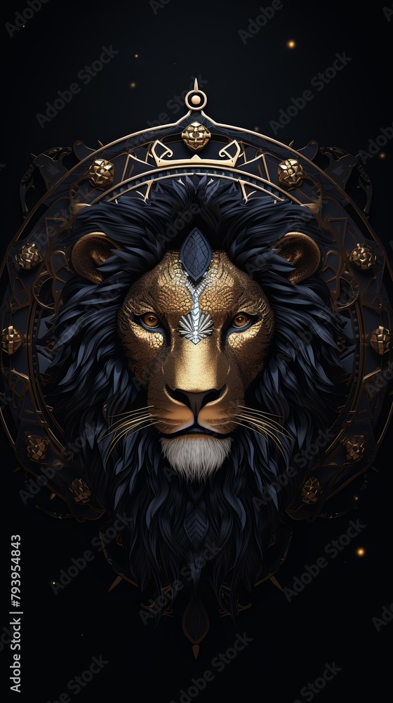A golden lion with black mane and a golden crown on its head. The background is black with golden stars.