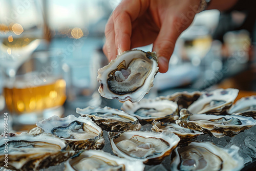 a hand grabbing an oyster from a pile on the table, seafood preparation