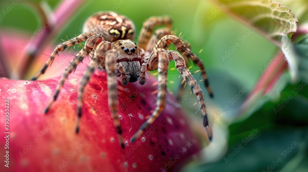An image of a gray-brown spider on a red apple with a mint-green background. An image of a gray-brown spider on a red apple with a mint-green background.