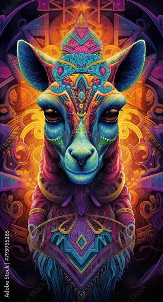 Obraz premium A llama wearing a colorful poncho with geometric patterns. The background is dark with bright lights.