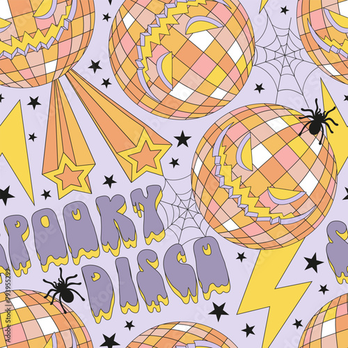 Retro groovy spooky disco ball with scary face and spiders cobweb vector seamless pattern. Hand drawn linear style creepy mirror ball background. October 31st Halloween holiday party trick or treat