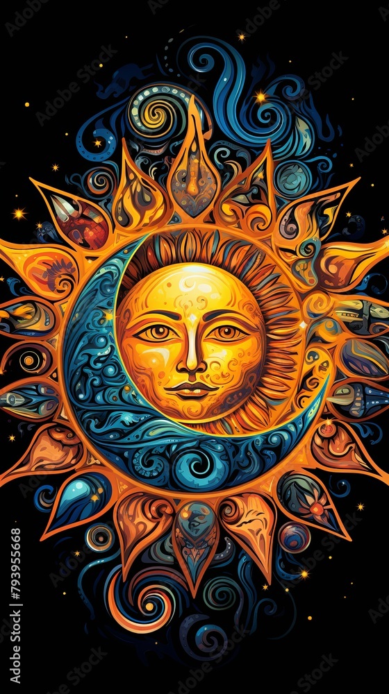 A trippy painting of the sun and moon with ornate psychedelic patterns.