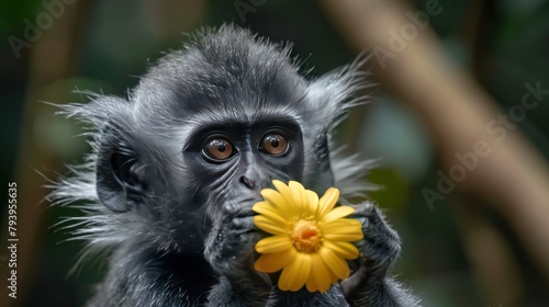 Trachypithecus cristatus, the silver leaf Lutung monkey, reaches out to eat a yellow flower