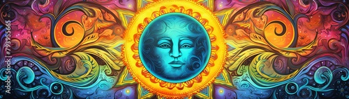 A symmetrical painting with a sun in the center and colorful patterns all around it. © Naraksad