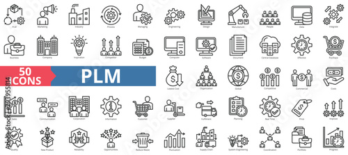 PLM icon collection set of product lifecycle management. Containing marketing, industry, process, managing, engineering, design, manufacture icon. Simple line vector.
