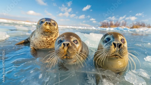 Bearded seals on blue and white ice in the Russian Arctic. Looking at the camera