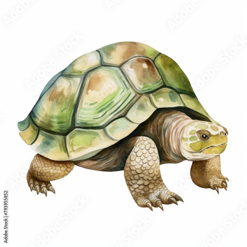 A watercolor painting of a green and yellow turtle photo