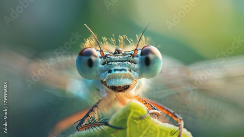 A macro photo of a dragonfly on a leaf with a natural background and a close-up of a dragonfly with big eyes.