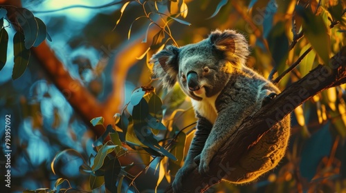 Koala sitting on a branch at night