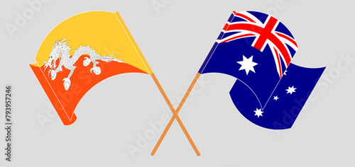 Crossed and waving flags of Bhutan and Australia