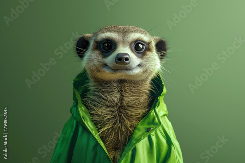 Cute meerkat in green raincoat smiling at camera