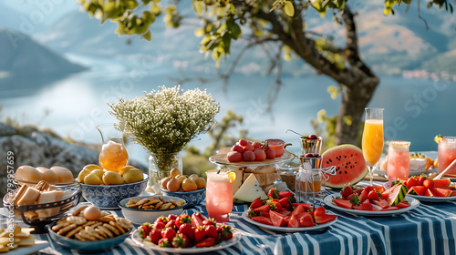 An inviting outdoor feast awaits by a serene lake  set against a backdrop of verdant hills. The table is adorned with a medley of fresh fruits  cheeses  and sumptuous desserts