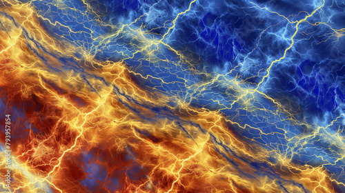 Abstrack background lightning runs on blue and yellow background, thunder style and marble thunder pattern
