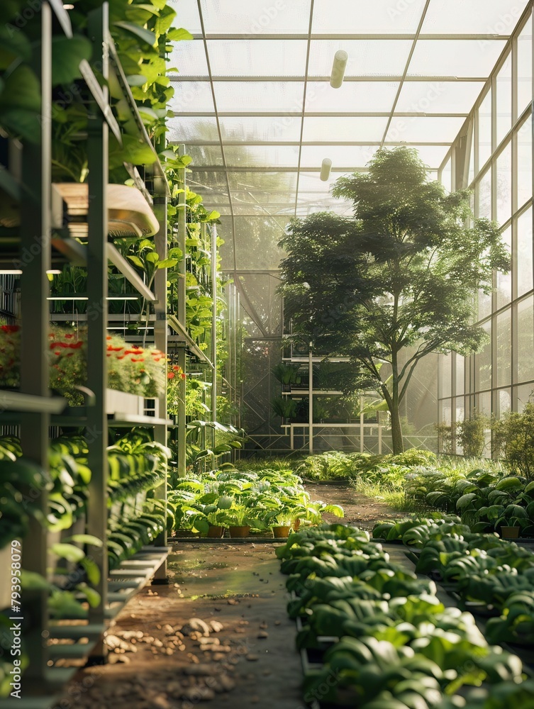 AI-driven horticulture inside a modern, sunlit greenhouse, revolutionizing farming