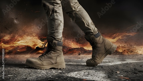 a person's legs, with worn and sturdy boots adorned with metal accents, supporting their worn-out jeans. The individual walks determinedly on a rough, chaotic terrain, with fiery sparks