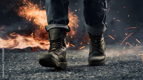 a person's legs, with worn and sturdy boots adorned with metal accents, supporting their worn-out jeans. The individual walks determinedly on a rough, chaotic terrain, with fiery sparks photo