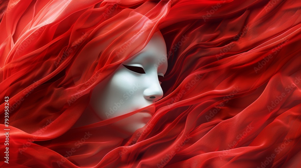 Close-up on a stark white mask, red silk flowing, a dramatic contrast for modern abstract art Close-up on a stark white mask, red silk flowing, a dramatic contrast for modern abstract art