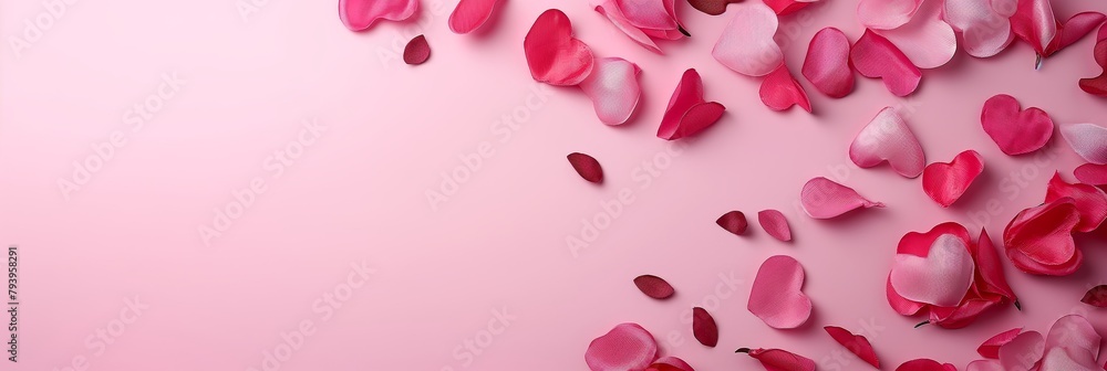 Delicate rose petals scattered over a soft pink pastel background, depicting themes of love, romance, and tenderness