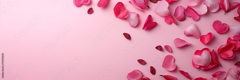 Delicate rose petals scattered over a soft pink pastel background, depicting themes of love, romance, and tenderness Delicate rose petals scattered over a soft pink pastel background, depicting themes of love, romance, and tenderness