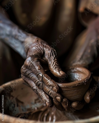 Zoom in view of a pottera s hands shaping clay, symbolizing creation and the raw touch of craftsmanship