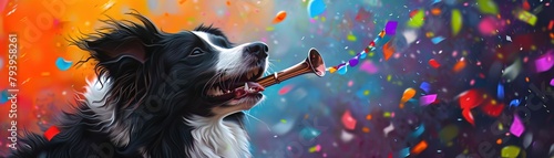 A buoyant Border Collie, eagerly lapping at a flute, amid a shower of multicolored confetti, Photorealistic,